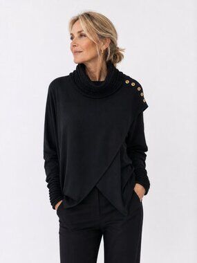 Joseph Ribkoff Black Asymmetrical Cowl Neck Button Top Tunic Size 10